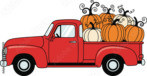 Vintage Red Pickup Truck Loaded With Orange and White Pumpkins For Autumn Harvest fall red truck