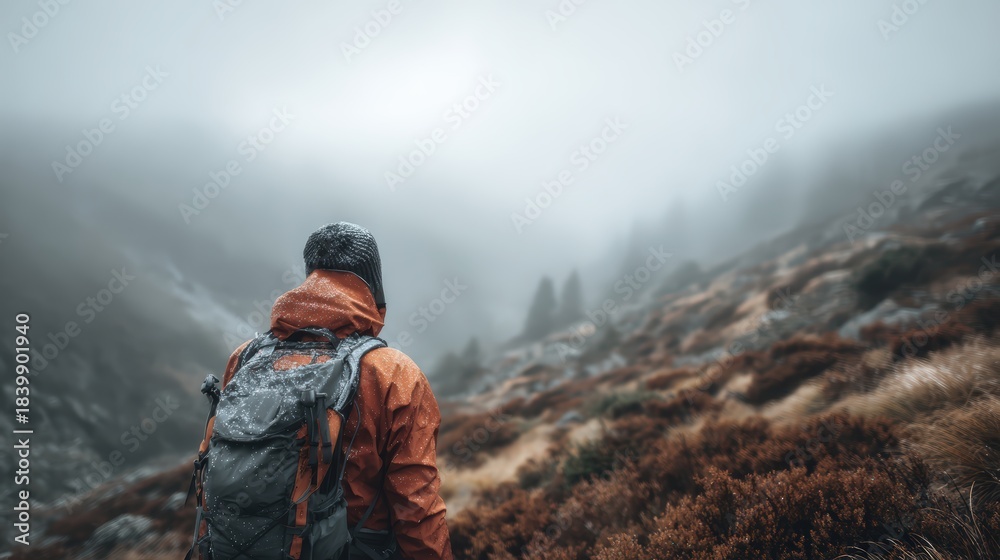 Naklejka premium Hiker enjoying scenic mountain view on misty trail in cold weather showcasing commitment to outdoor activity and adventure for discipline nature connection and wilderness exploration lifestyle concept