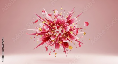 Explosion of pink petals and golden spheres, a vibrant abstract floral burst with sharp edges and soft curves