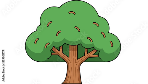 Stylized Cartoon Tree with Green Foliage and Brown Trunk Against Black Background Simple Nature Illustration