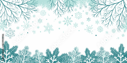 Christmas White and teal winter border decorated with intricate snowflake motifs for a cool festive look