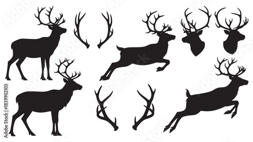 Collection of deer silhouettes with antlers on