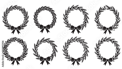 Set of black christmas wreaths with bows on for holiday decoration