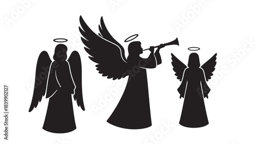 Three black silhouette angels with halos and wings on