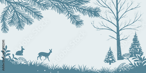 Christmas Winter woodland theme with illustrated animal silhouettes and festive, natural elements
