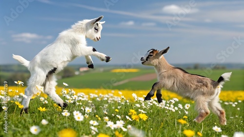 Joyful Goat Kids in Autumn: Two adorable goat kids frolic and leap playfully amongst a vibrant autumnal landscape, showcasing the innocence and boundless energy of youth.