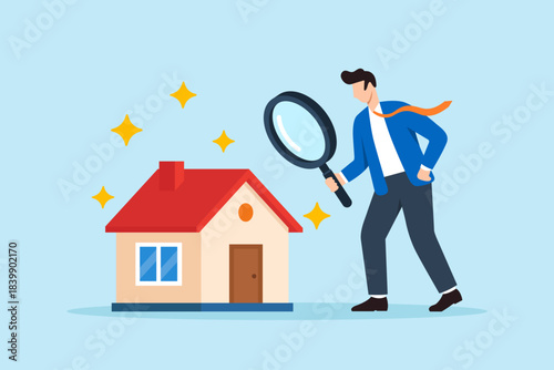 Flat illustration of businessman inspecting house with magnifying glass symbolizing property evaluation and real estate investment