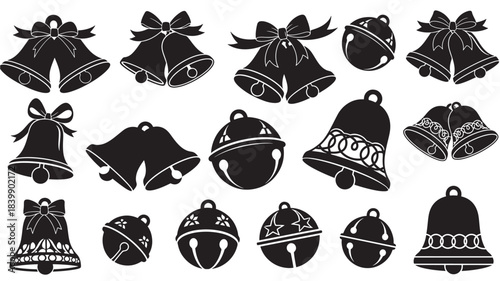 Collection of various christmas bells with ribbons and decorations