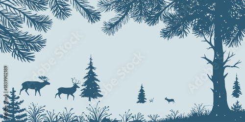 Christmas Winter woodland theme featuring illustrated animal silhouettes and charming natural elements for holidays