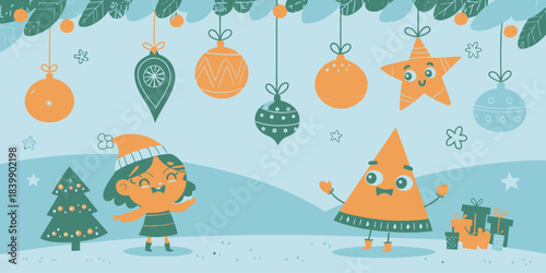 Christmas Children themed Christmas vector with playful characters and festive holiday elements