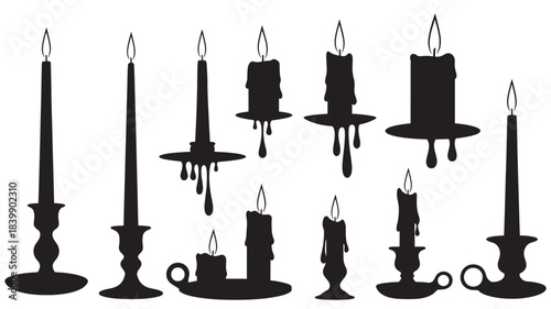 Silhouettes of various candlesticks and candles on
