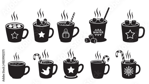 Black and white illustration of various steaming coffee cups with holiday decorations and symbols on them