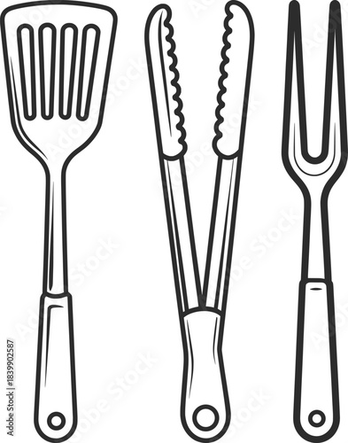 BBQ Grill Utensils Line Art Illustration.