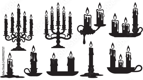 Collection of various candelabras and candlesticks in black silhouette on