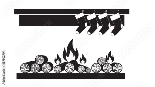 Black and white illustration of firewood logs burning on a fire with stockings hanging by the chimney