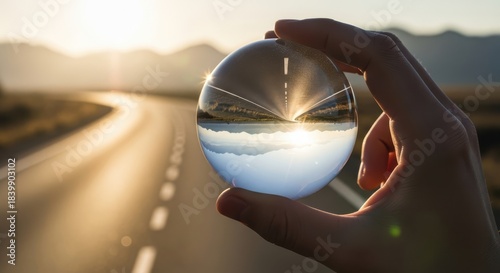 Hand holding crystal ball reflecting a scenic road at sunset