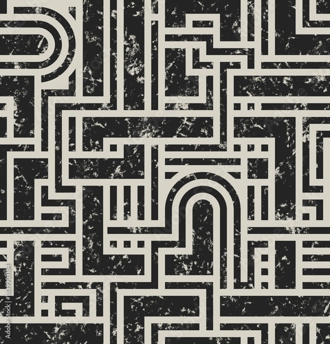 BEIGE SEAMLESS BACKGROUND WITH DARK GREY ABSTRACT GEOMETRIC MAZE PATTERN IN GRUNGE STYLE