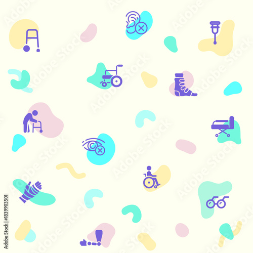 Vector illustration of a cute Disability People Pictograms icon. Collection of Disabled health care, medical tools, equipment stick figure, crutches, wheelchair, cane, electric wheelchair