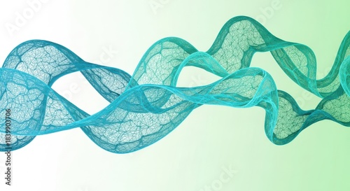 Intricate turquoise ribbon with fractal pattern, flowing wave shape, organic structure, light green to white gradient background