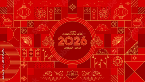 2026 Happy Chinese New Year card. Red gold Lunar calendar