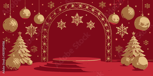 Christmas Bold Ruby Red Christmas Background with Shimmering Gold Foil Accents - Festive Holiday Vector