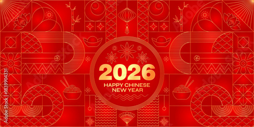 2026 Happy Chinese New Year card. Red gold Lunar calendar