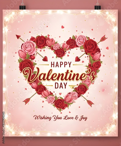 "Happy Valentine's Day Wishing You Love & Joy," heart wreath of red and pink roses.