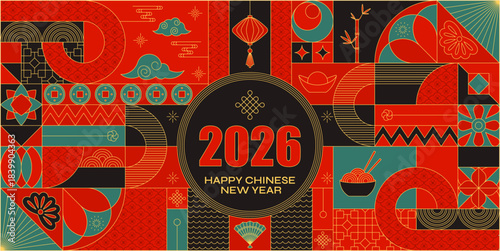 2026 Happy Chinese New Year card. Red gold Lunar calendar