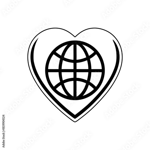 Heart-Shaped Globe Icon Showing World Map Lines.