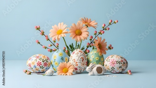 Colorful easter eggs and spring wildflowers in a delicate still life arrangement