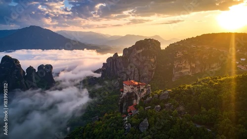 Scenic Aerial View of Meteora Monasteries at Sunset