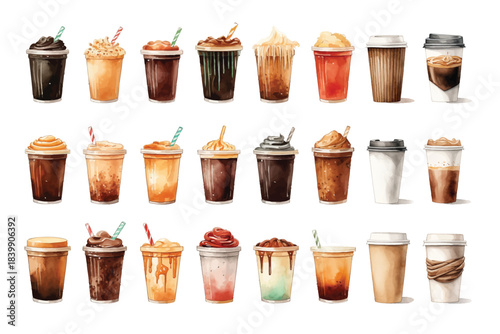 Set of Hand-Painted Watercolor Coffee Cups, Mugs and Espresso Drinks. Artistic Cafe Beverage Clipart Collection for Branding, Packaging, Invitations, Digital Products and Craft Designs