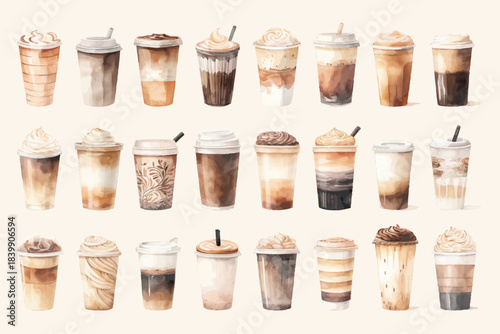 Set of Hand-Painted Watercolor Coffee Cups, Mugs and Espresso Drinks. Artistic Cafe Beverage Clipart Collection for Branding, Packaging, Invitations, Digital Products and Craft Designs
