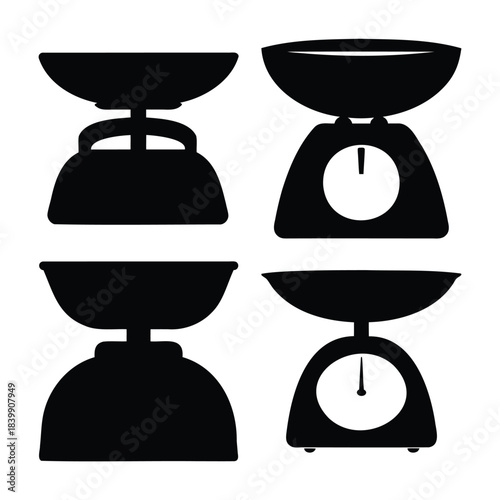 Kitchen scales silhouette icon set for measurement and weight