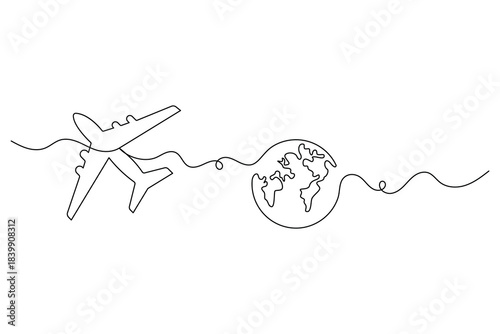 Abstract single line sketch of an aircraft and world planet