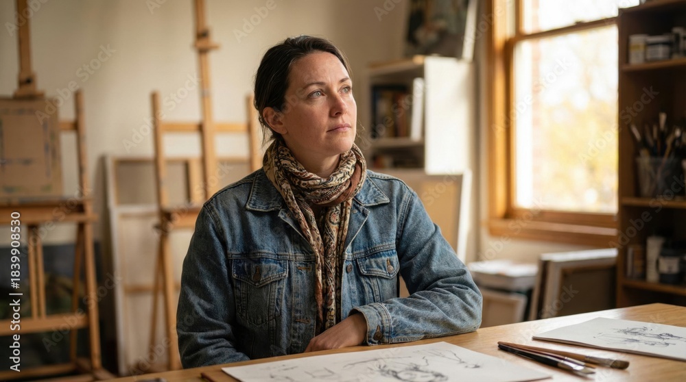 Fototapeta premium Female artist in denim jacket and scarf, seated at a wooden table, surrounded by art supplies and easels, reflecting on creative ideas in a bright studio environment