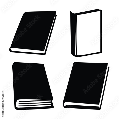 Stylized black book icons set for education and reading