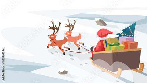 Santa Claus with pulls a large wooden sleigh filled with beautifully wrapped presents for children. Reindeer jingling their belted bells in the cold air gallop energetically across the icy landscape.