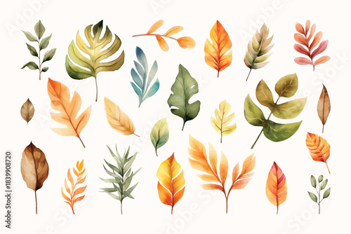 Set of Hand-Painted Watercolor Floral Leaves and Botanical Elements: Elegant Foliage Clipart Collection for Invitations, Branding, Packaging, Wedding Design, Scrapbooking and Creative Projects