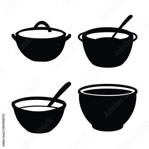 Cooking and serving bowls, pots, and utensils vector icon kit