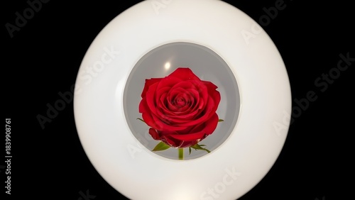 Mawar merah didalam lampu bulat putih dilatar hitam 