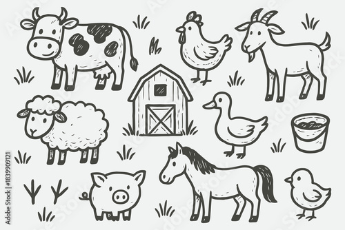Rustic Farm Animal Doodle Sketch Set in Hand-Drawn Style