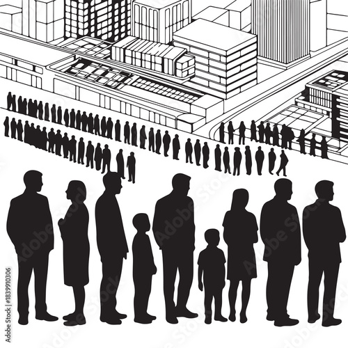 Long Line of People in Urban City Setting Vector
