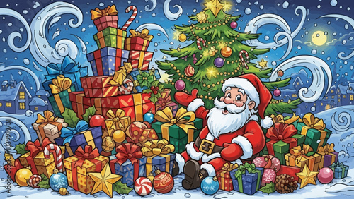 Santa's Christmas Cheer: A festive scene unfolds, with Santa Claus seated amidst a mountain of colorful gifts.
