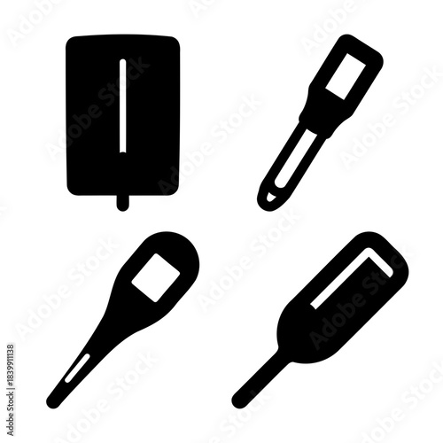 Healthcare icons featuring thermometers and sanitizer dispenser.