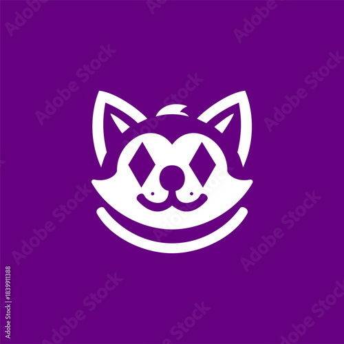 Minimalist logo of a cat with a clown-like face featuring bold geometric shapes and expressive eyes on a vibrant purple background