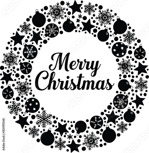 Black Merry Christmas Wreath with Snowflakes, Stars, and Baubles Isolated Vector Graphic isolated PNG with Transparent Background