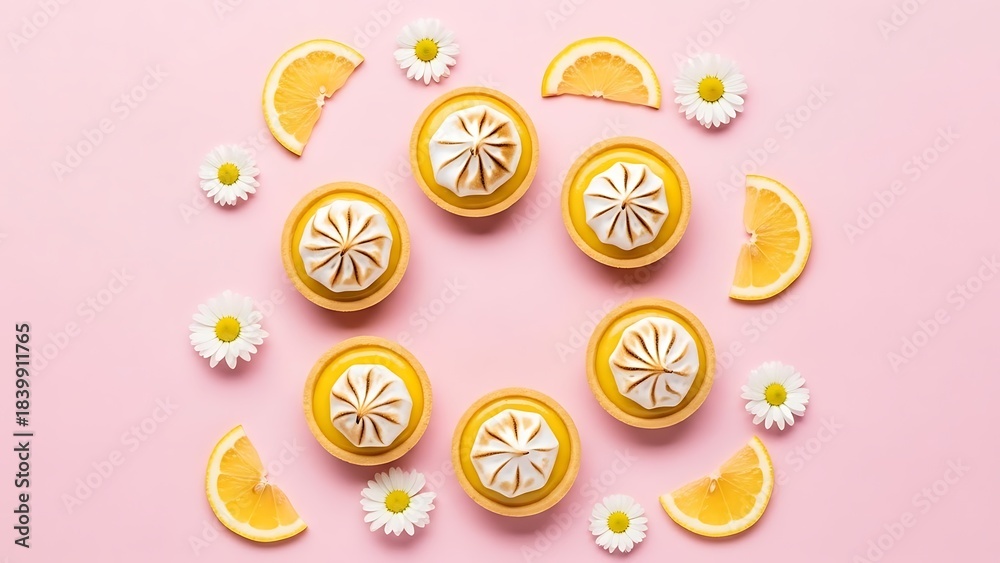 Fototapeta premium Lemon Meringue Tarts Arranged with Lemon Slices and Daisies