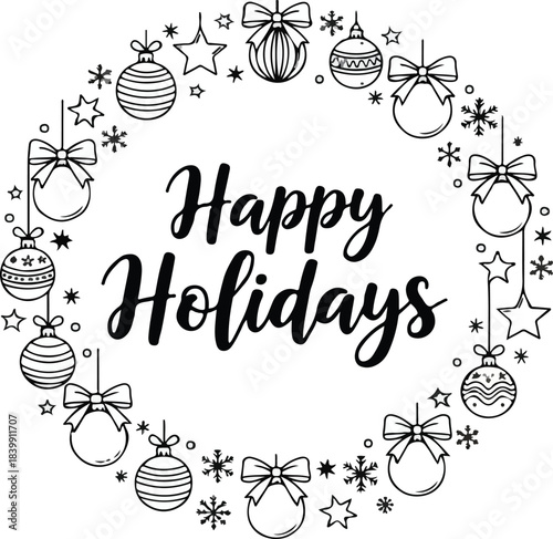 Vector 'Happy Holidays' Wreath with Hand Drawn Line Art Christmas Ornaments, Stars, and Bows isolated PNG with Transparent Background