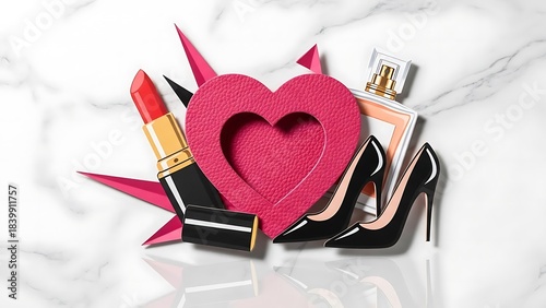 Luxury Beauty and Fashion Accessories Arranged Artistically lipstick perfume bottle